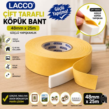 Lacco Çift Taraflı Köpük Bant 48 mm x 25 m Güçlü Yapışkanlı Montaj Bandı Çok Amaçlı Beyaz 1 Adet