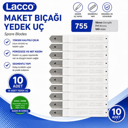 Lacco 755 Maket Bıçağı Yedek Uç 18 mm Keskin Çelik Segmentli Profesyonel Yedek Bıçak 10 Adet