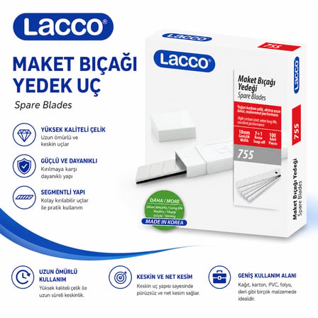 Lacco 755 Maket Bıçağı Yedek Uç 18 mm Keskin Çelik Segmentli Profesyonel Yedek Bıçak 10 Adet