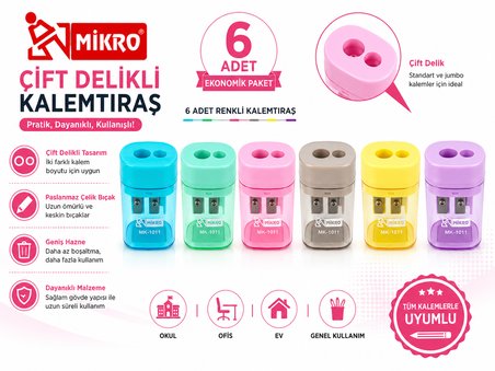 Mikro Çift Delikli Kalemtıraş 6 Adet Hazneli Standart ve Jumbo Kalem Uyumlu MK-1011
