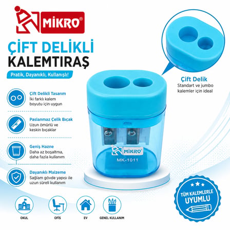 Mikro Çift Delikli Kalemtıraş 6 Adet Hazneli Standart ve Jumbo Kalem Uyumlu MK-1011