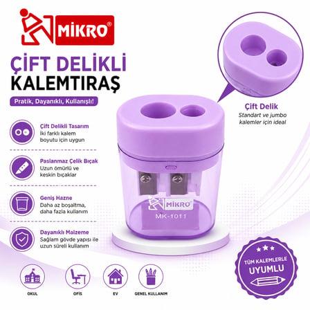 Mikro Çift Delikli Kalemtıraş 6 Adet Hazneli Standart ve Jumbo Kalem Uyumlu MK-1011