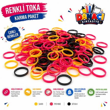 Renkli ve Siyah Lastik Toka Seti 2'li Karma Paket Esnek Dayanıklı Güçlü Tutuş Lastik Saç Tokası