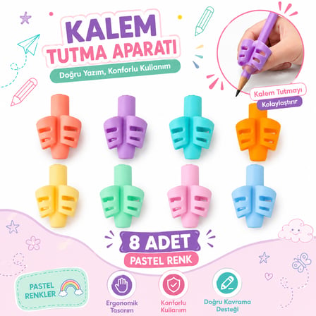 Pastel Renk Kalem Tutma Aparatı 8 Adet Ergonomik Silikon Kalem Tutucu Yazı Düzeltici Çocuk ve Öğrenci İçin