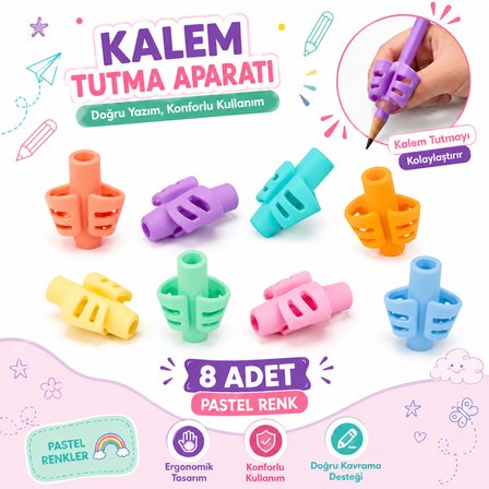 Pastel Renk Kalem Tutma Aparatı 8 Adet Ergonomik Silikon Kalem Tutucu Yazı Düzeltici Çocuk ve Öğrenci İçin