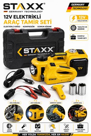 12V Elektrikli Kriko Seti 5 Ton Kompresör 480Nm Somun Sökme Makinesi LED Fenerli Full Araç Tamir Set