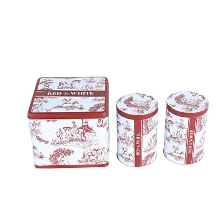 Red&White Seri - 3'lü Set - 2'li Metal Saklama Kabı, Köşeli Metal Kutu