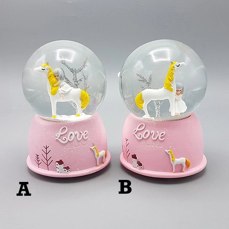 Mini Pembe Kar Küresi - Sevimli Unicorn ve Kız Tasarımlı - Işıklı