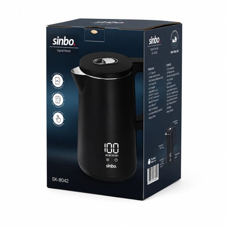 TTT Sinbo SK-8042 Dijital Kettle Siyah 1.8 Litre 1500W Dokunmatik Ekranlı
