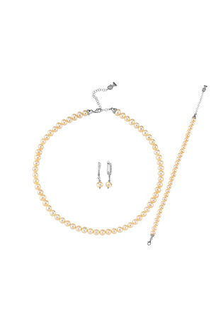 Şeftali Tonu Doğal İnci Kolye Bileklik Küpe Üçlü Set