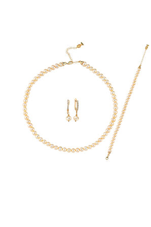 Şeftali Tonu Doğal İnci Kolye Bileklik Küpe Üçlü Set