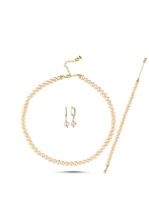 Şeftali Tonu Doğal İnci Kolye Bileklik Küpe Üçlü Set