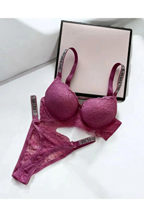 Kadın Gül Kurusu Dantelli Taşlı Balenli Destekli Dolgulu Push Up Sütyen Takımı Iç Çamaşırı Takımı