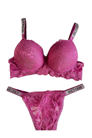 Kadın Gül Kurusu Dantelli Taşlı Balenli Destekli Dolgulu Push Up Sütyen Takımı Iç Çamaşırı Takımı