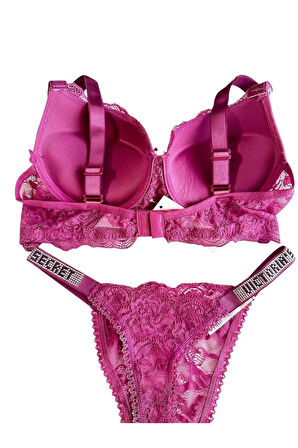 Kadın Gül Kurusu Dantelli Taşlı Balenli Destekli Dolgulu Push Up Sütyen Takımı Iç Çamaşırı Takımı