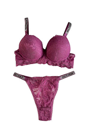 Kadın Gül Kurusu Dantelli Taşlı Balenli Destekli Dolgulu Push Up Sütyen Takımı Iç Çamaşırı Takımı