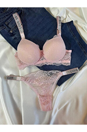Kadın Pembe Dantelli Taşlı Balenli Destekli Dolgulu Push Up Sütyen Takımı Iç Çamaşırı Takımı