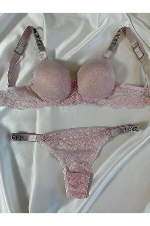 Kadın Pembe Dantelli Taşlı Balenli Destekli Dolgulu Push Up Sütyen Takımı Iç Çamaşırı Takımı