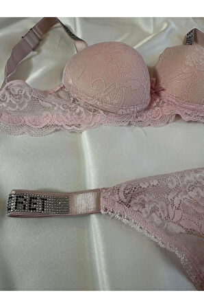 Kadın Pembe Dantelli Taşlı Balenli Destekli Dolgulu Push Up Sütyen Takımı Iç Çamaşırı Takımı