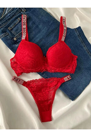 Kadın Kırmızı Dantelli Taşlı Balenli Destekli Dolgulu Push Up Sütyen Takımı Iç Çamaşırı Takımı