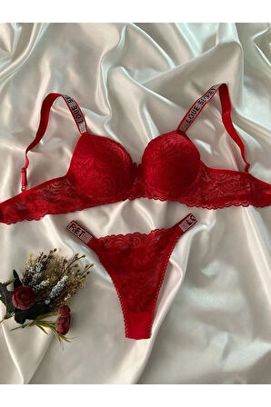 Kadın Kırmızı Dantelli Taşlı Balenli Destekli Dolgulu Push Up Sütyen Takımı Iç Çamaşırı Takımı