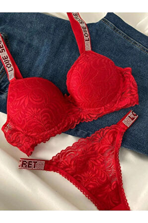 Kadın Kırmızı Dantelli Taşlı Balenli Destekli Dolgulu Push Up Sütyen Takımı Iç Çamaşırı Takımı