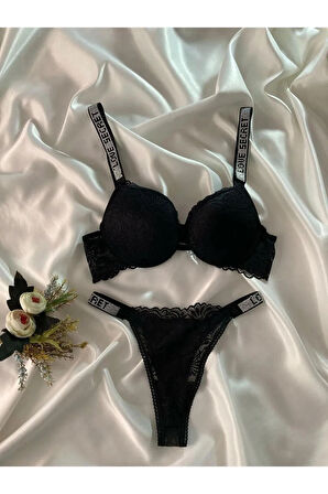 Kadın Siyah Dantelli Taşlı Balenli Destekli Dolgulu Push Up Sütyen Takımı Iç Çamaşırı Takımı
