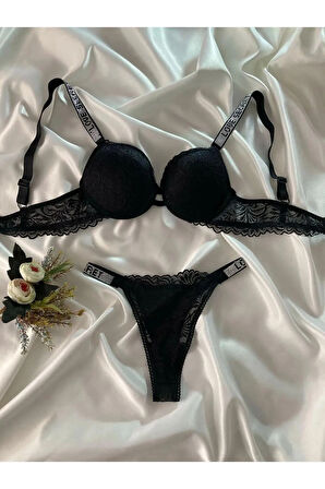 Kadın Siyah Dantelli Taşlı Balenli Destekli Dolgulu Push Up Sütyen Takımı Iç Çamaşırı Takımı
