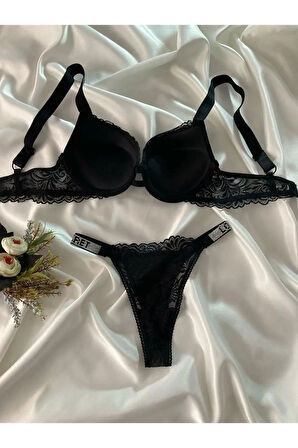 Kadın Siyah Dantelli Taşlı Balenli Destekli Dolgulu Push Up Sütyen Takımı Iç Çamaşırı Takımı