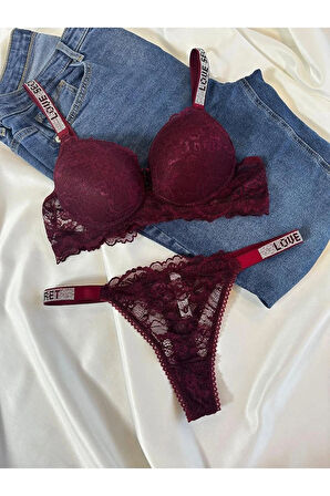 Kadın Bordo Dantelli Taşlı Balenli Destekli Dolgulu Push Up Sütyen Takımı Iç Çamaşırı Takımı