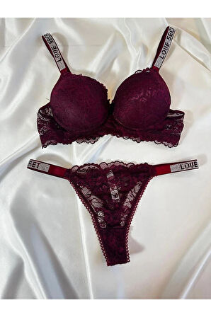 Kadın Bordo Dantelli Taşlı Balenli Destekli Dolgulu Push Up Sütyen Takımı Iç Çamaşırı Takımı