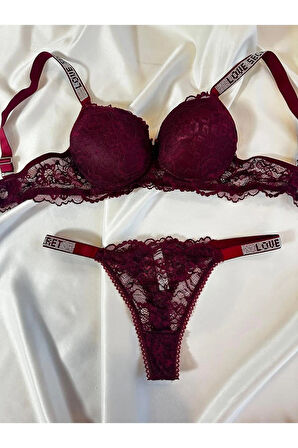 Kadın Bordo Dantelli Taşlı Balenli Destekli Dolgulu Push Up Sütyen Takımı Iç Çamaşırı Takımı
