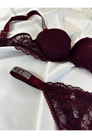 Kadın Bordo Dantelli Taşlı Balenli Destekli Dolgulu Push Up Sütyen Takımı Iç Çamaşırı Takımı
