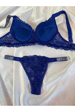 Kadın Mavi Dantelli Taşlı Balenli Destekli Dolgulu Push Up Sütyen Takımı Iç Çamaşırı Takımı
