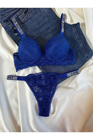 Kadın Mavi Dantelli Taşlı Balenli Destekli Dolgulu Push Up Sütyen Takımı Iç Çamaşırı Takımı