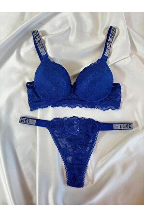 Kadın Mavi Dantelli Taşlı Balenli Destekli Dolgulu Push Up Sütyen Takımı Iç Çamaşırı Takımı