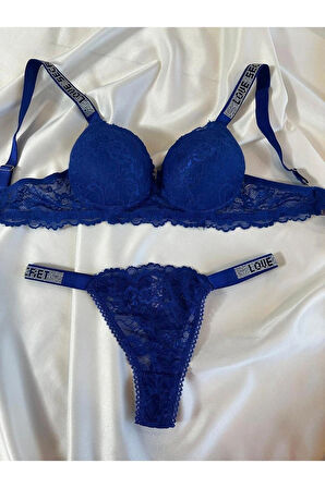 Kadın Mavi Dantelli Taşlı Balenli Destekli Dolgulu Push Up Sütyen Takımı Iç Çamaşırı Takımı