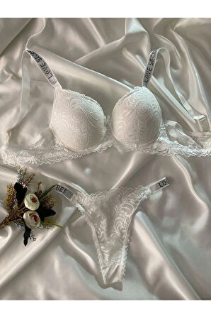 Kadın Beyaz Dantelli Taşlı Balenli Destekli Dolgulu Push Up Sütyen Takımı Iç Çamaşırı Takımı