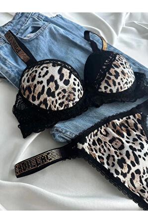 Kadın Leopar Dantelli Taşlı Balenli Destekli Dolgulu Push Up Sütyen Takımı Iç Çamaşırı Takımı
