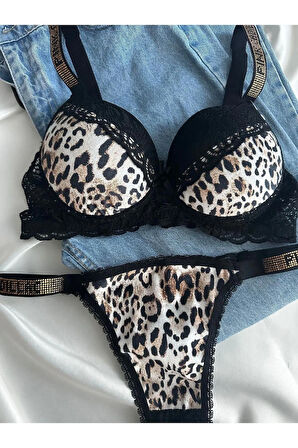 Kadın Leopar Dantelli Taşlı Balenli Destekli Dolgulu Push Up Sütyen Takımı Iç Çamaşırı Takımı