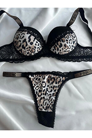 Kadın Leopar Dantelli Taşlı Balenli Destekli Dolgulu Push Up Sütyen Takımı Iç Çamaşırı Takımı