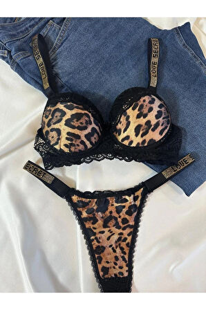 Kadın Leopar Dantelli Taşlı Balenli Destekli Dolgulu Push Up Sütyen Takımı Iç Çamaşırı Takımı