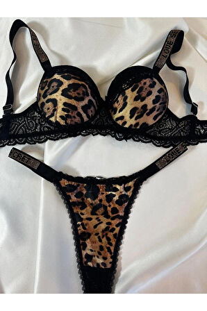 Kadın Leopar Dantelli Taşlı Balenli Destekli Dolgulu Push Up Sütyen Takımı Iç Çamaşırı Takımı