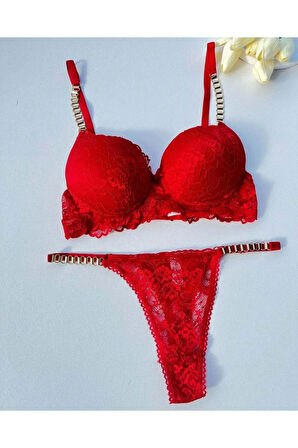 Kadın Kırmızı Dantelli Zincir Detaylı Balenli Destekli Dolgulu Sütyen Takımı Iç Çamaşırı Takımı