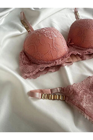 Kadın Pembe Dantelli Zincir Detaylı Balenli Destekli Dolgulu Sütyen Takımı Iç Çamaşırı Takımı