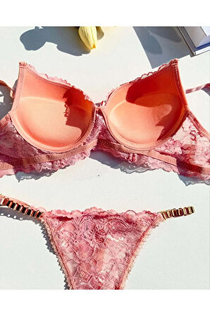Kadın Pembe Dantelli Zincir Detaylı Balenli Destekli Dolgulu Sütyen Takımı Iç Çamaşırı Takımı
