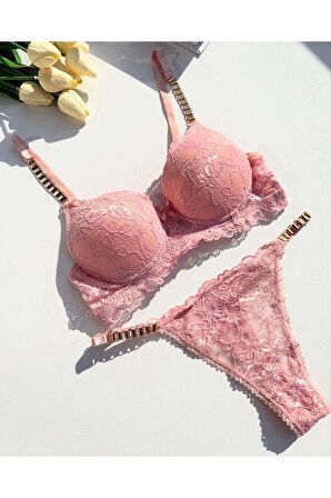 Kadın Pembe Dantelli Zincir Detaylı Balenli Destekli Dolgulu Sütyen Takımı Iç Çamaşırı Takımı