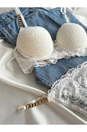 Kadın Beyaz Dantelli Zincir Detaylı Balenli Destekli Dolgulu Sütyen Takımı Iç Çamaşırı Takımı