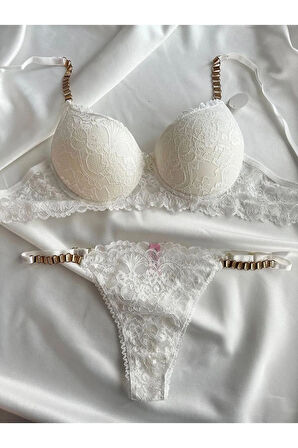 Kadın Beyaz Dantelli Zincir Detaylı Balenli Destekli Dolgulu Sütyen Takımı Iç Çamaşırı Takımı