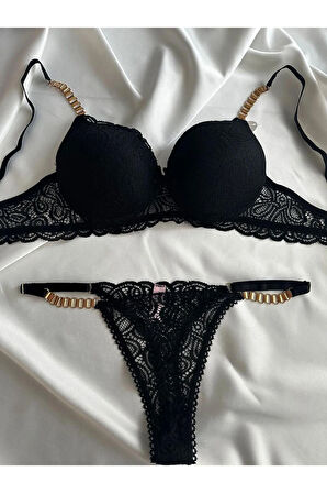 Kadın Siyah Dantelli Zincir Detaylı Balenli Destekli Dolgulu Sütyen Takımı Iç Çamaşırı Takımı